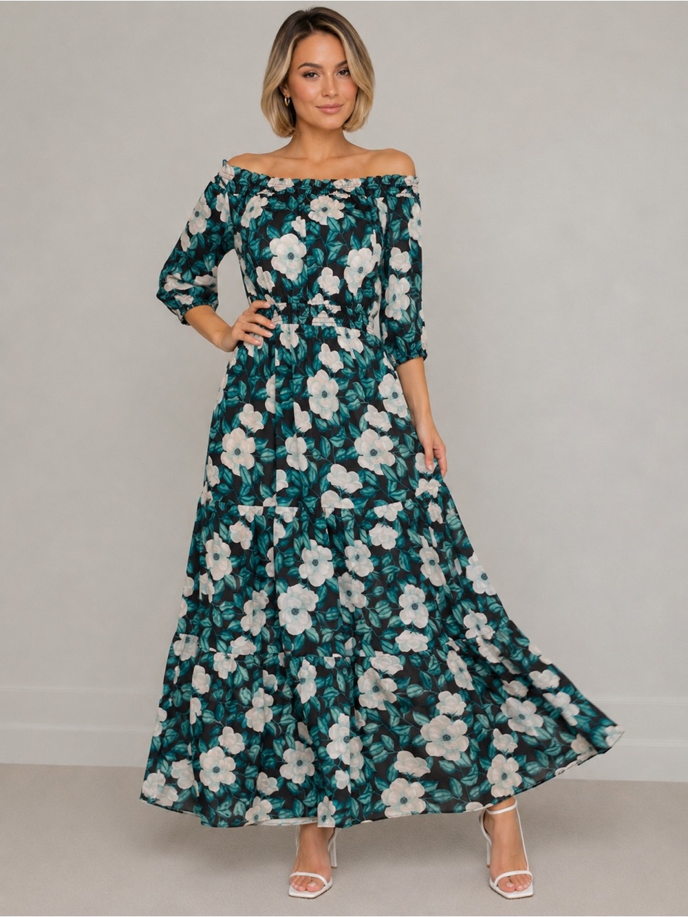 Elegant Tropical Off-Shoulder Teal Floral Maxi Dress with White Blooms